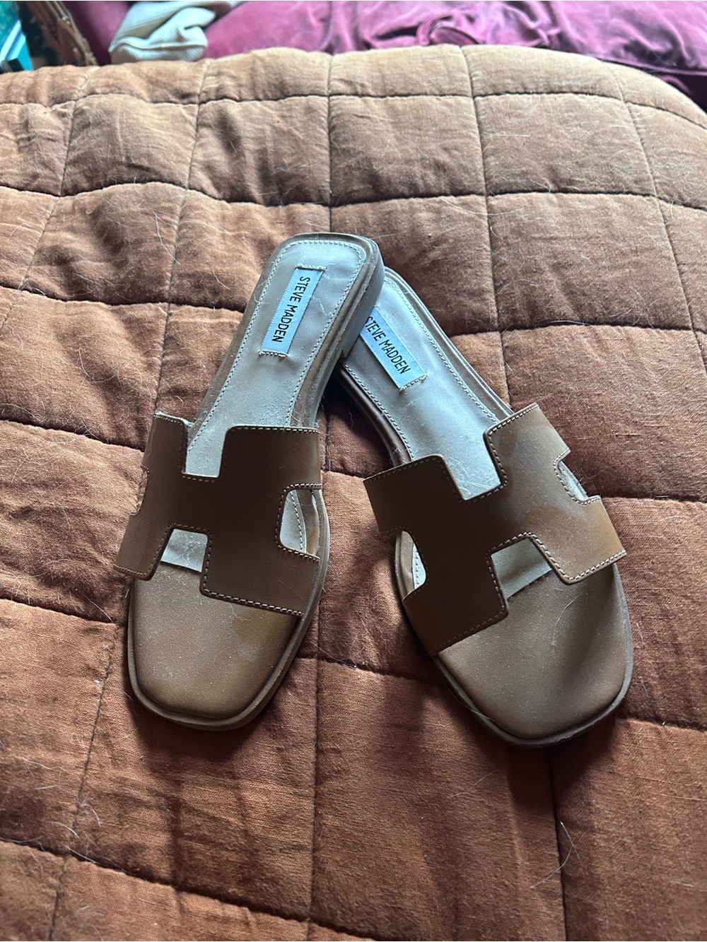 Steve Madden Tan Brown Slide Sandals - Women's Slip-On Cutout